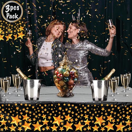 BASHOUT New Year's Eve Party Plastic Tablecloth | 3 Pcs Pack (54” Wide x 108” Long) | Black Rectangular Table Cover with Gold Stars | Anniversary, Graduation Table Decorations | New Years Eve Decor
