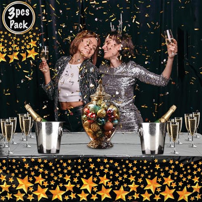 BASHOUT New Year's Eve Party Plastic Tablecloth | 3 Pcs Pack (54” Wide x 108” Long) | Black Rectangular Table Cover with Gold Stars | Anniversary, Graduation Table Decorations | New Years Eve Decor
