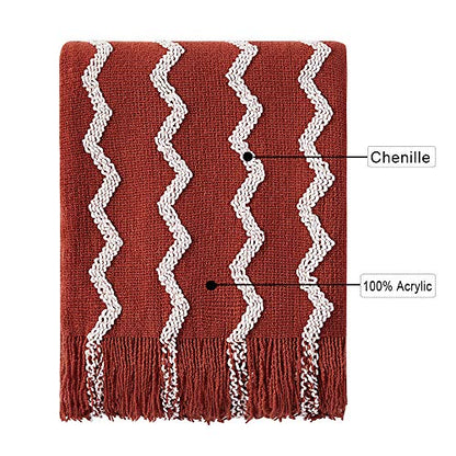 BOURINA Knitted Throw Blanket Boho Chenille Outdoor Blanket,Rust 50x60Inch - color: A-rust, size: 50"×60"
