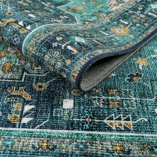 Moynesa Ultra-Thin Washable Teal Non Slip Bathroom Rug - 2x6 Laundry Room Mat, Machine Washable Non-Slip Pet Friendly Carpet Runner for Camper RV Foyer Kitchen Hallway - color: Teal, size: 2' x 6'