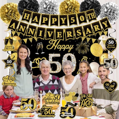 Black Gold Happy 50th Wedding Anniversary Party Decorations Supplies Kit