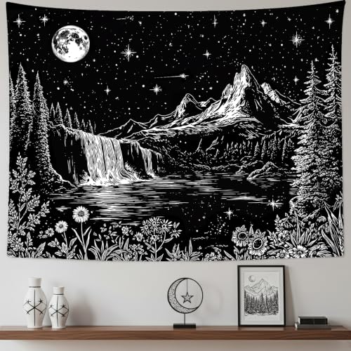 Accnicc Black and White Forest Mountain Tapestry 80x60 Inch - color: Black and White Waterfall, size: 80"L x 60"W