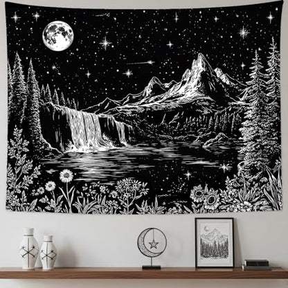 Accnicc Black and White Forest Mountain Tapestry 80x60 Inch - color: Black and White Waterfall, size: 80"L x 60"W
