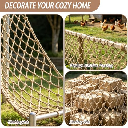 Jute Hemp Rope Net, Heavy Duty Climbing Net, 0.39 in Thick Woven Natural Fiber, 3.3 ft x 6.6 ft Netting, 3.9 in Mesh for Supervised Kids Outdoor Playground, Balcony, Stairs, Garden Decor