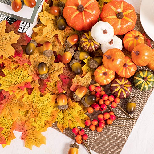 Whaline 160 Pcs Fall Decorations for Home Autumn Artificial Maple Leaves Harvest Pumpkins Gourds Acorns and Orange Berry Stems Set for Thanksgiving Halloween Home Table Decoration Party Backdrop