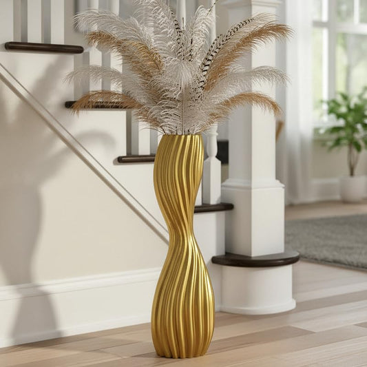Golden S-Curve Floor Vase, 24 Inch Tall Striped Resin Vases for Home Decor, Large Sturdy Vases with Weighted Base for Dried Pampas Grass, Tall Floor Vase for Living Room, Office & Bedroom - color: Gold