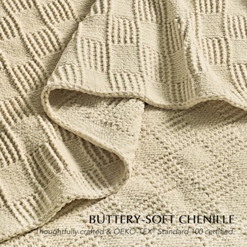 EVERGRACEHOME Modern Checkered Chenille Throw Blanket, 60x80, Beige - color: Beige, size: 60" X 80"