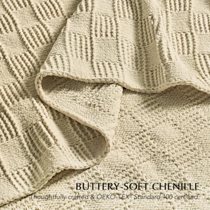 EVERGRACEHOME Modern Checkered Chenille Throw Blanket, 60x80, Beige - color: Beige, size: 60" X 80"