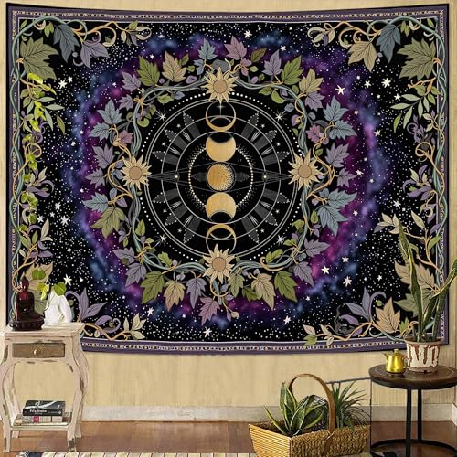Faxdong Boho Moon Phase Tapestry, Aesthetic Celestial Zodiac Tapestries, Starry Nebula and Vine Mystic Decor for Bedroom Living Room Space - color: Purple, size: 90"L x 68"W