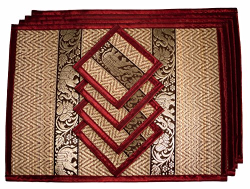 Hand-Woven Wicker Reed Placemats Coaster Set Eco-Friendly Alternative to Plastic Heat Resistant Thai Style Durable Easy to Clean for Dining Table Set of 4 (Medium, Burgundy) - color: Burgundy, size: Medium