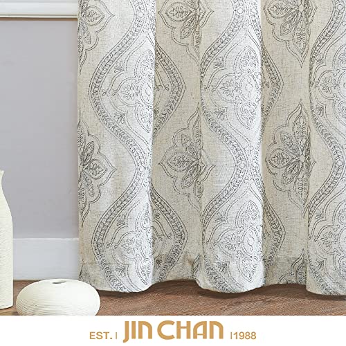 jinchan Boho Floral Linen Curtains 96 Inch Grey on Ecru Grommet 2 Panels - color: Damask Grey, size: 50"W x 96"L (Pack of 2)
