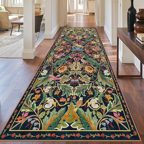 nesrt Boho 4x10 Hallway Runner Rugs, Non Slip Washable Long Kitchen Runners, Soft Floral Birds Jungle Carpet for Entryway, Low Pile Decor Rug for Hall Laundry Bedroom Bathroom (Dark Green) - color: Dark Green, size: 4' x 10' (Rectangular)