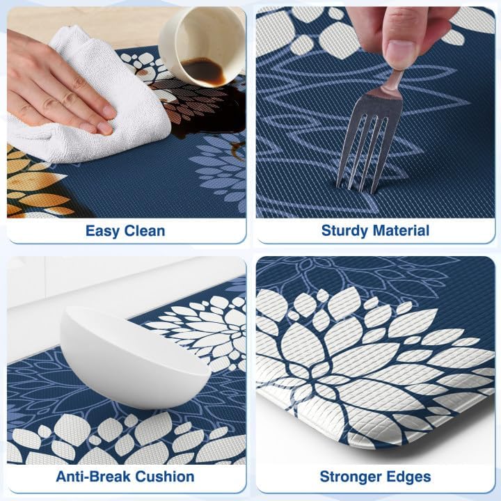 Kitchen Mats 2 Piece Set, Anti Fatigue Non Slip Cushioned Floor Rugs, Blue - size: 17.3"W×70"L+17.3"W×30"L-0.4"Th