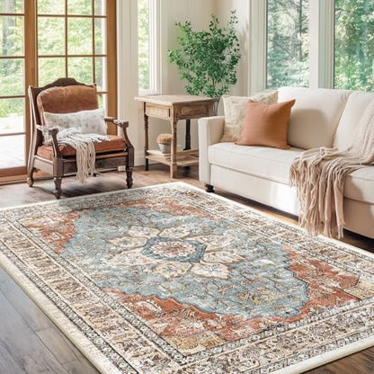 BESTSWEETIE Washable Boho 5x7 Area Rug, No Pile, Living Room, Green Brick - color: Green/Brick/Rust Red, size: 7' x 5'3" (Rectangular)