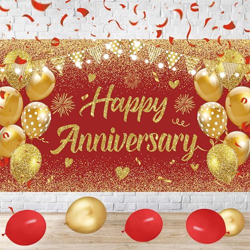 Wedding Anniversary Banner Red Gold Happy Decorations for Women Men Party, Indoor Outdoor Decor Supplies 71 * 43 Inch