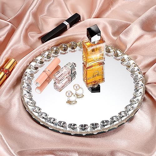 Hipiwe Mirror Glass Vanity Tray Sparkling Crystal Perfume Tray Round Decorative Tray Gorgeous Makeup Organizer Tray Jewelry Trinket Tray for Bathroom Dresser Table, 10.6 inch