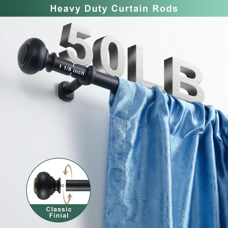 Heavy Duty Curtain Rods, 1 1/8" Diameter Extra Long Curtain Rod 144-240 Inch(12-20ft) for Large Window, Single Drapery Rod with Classic Finials and Adjustable Aluminum Alloy Brackets, Matte Black - color: Matte Black, size: 144-240"
