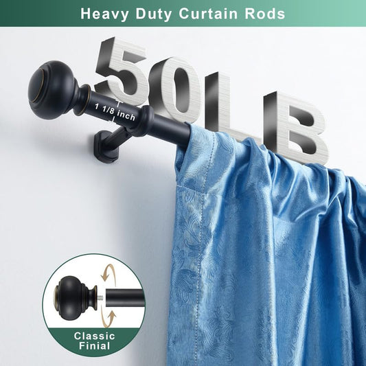 Heavy Duty Curtain Rods, 1 1/8" Diameter Extra Long Curtain Rod 144-240 Inch(12-20ft) for Large Window, Single Drapery Rod with Classic Finials and Adjustable Aluminum Alloy Brackets, Matte Black - color: Matte Black, size: 144-240"