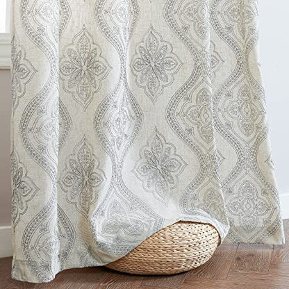 jinchan Boho Floral Linen Curtains 84 Inch Grey on Ecru Grommet 2 Panels - color: Damask Grey, size: 50"W x 84"L (Pack of 2)