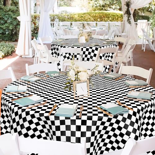 Mulbozy 2 Pcs Checkered Round Plastic Tablecloth, 84 inches Disposable - color: Checkered-black White, size: 84" Round
