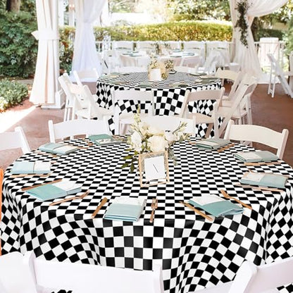 Mulbozy 2 Pcs Checkered Round Plastic Tablecloth, 84 inches Disposable - color: Checkered-black White, size: 84" Round