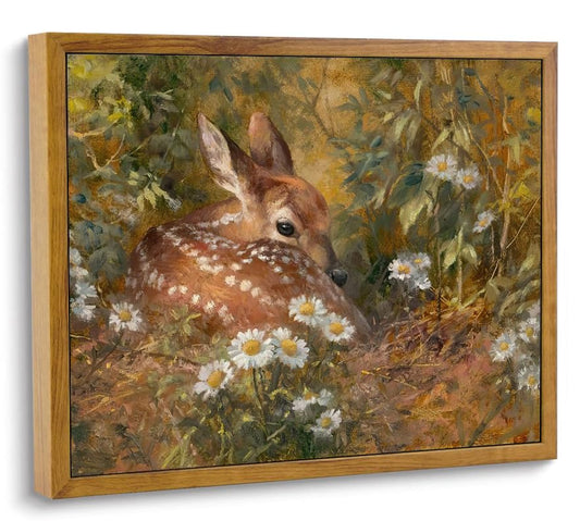 Vintage Framed Nature Inspired Meadow with Daisies Wildlife Canvas Wall Art | Oil Paintings Style, Wildflower and Deer, Landscape Wall Art, Gifts for Nature Lover, Ready to Hang, Fade-resistant - color: Deer in the Grass, size: 12"L x 16"W