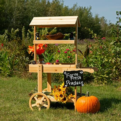 Sunnydaze Flower Cart Display Stand with Wheels, Fir Wood, 49” H, Natural - color: Natural