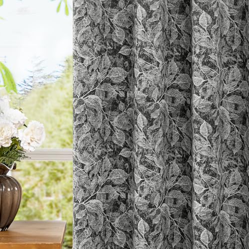 ChrisDowa 100% Black Blackout Floral Curtains 63 Inches Long 2 Panels - color: Leaf | Black, size: 52"W x 63"L (Pack of 2)