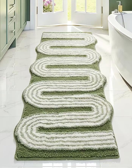 Geometric Design Boho Runner Bathroom Rugs, Long Scalloped Cute Bath Mat Non Slip for Bedroom Kitchen Hallway Laundry Room, Funky Retro Farmhouse Bath Rug Washable, Green, 51"x20" - color: Green, size: 1'8" x 4'3" (Rectangular)