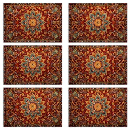 Linen Placemats Set of 6, Fall Boho Carpet Orange Brown Washable Table Mats 12x18 Inch, Heat Resistant Non Slip Placemats for Dining Table Kitchen Everyday Use - color: Fall Boho Carpet Orange Brown