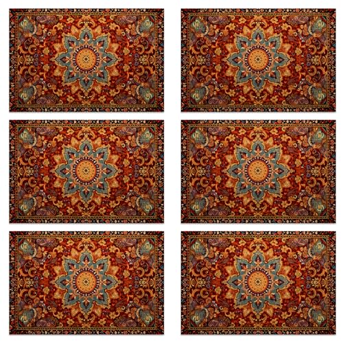 Linen Placemats Set of 6, Fall Boho Carpet Orange Brown Washable Table Mats 12x18 Inch, Heat Resistant Non Slip Placemats for Dining Table Kitchen Everyday Use - color: Fall Boho Carpet Orange Brown