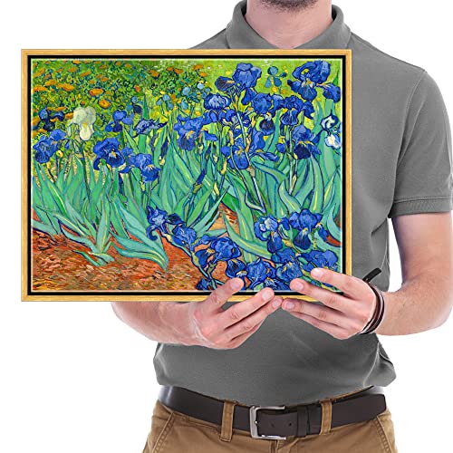 Wieco Art Framed Wall Art Canvas Prints Irises By Van Gogh Famous Flowers Oil Paintings Reproduction Abstract Canvas Prints for Home Living Room Decorations Bronze Gold Frame - size: 16"L x 12"W