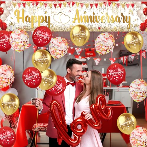Red Gold Happy Anniversary Banner & Yard Sign with 18pcs 12" Latex Balloons for Wedding Party Supplies