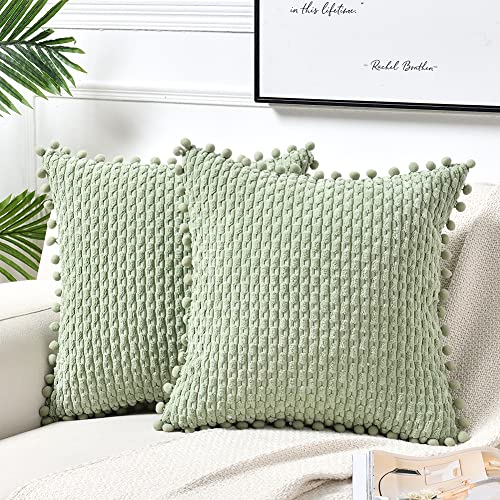 Fancy Homi Set of 2 Sage Green Decorative Throw Pillow Covers 18x18 Inch with Pom-poms for Couch Bed Sofa, Modern Farmhouse Boho Home Decor, Soft Plush Corduroy Cute Cushion Case 45x45 cm - color: Sage Green, size: 18" x 18" (Pack of 2)