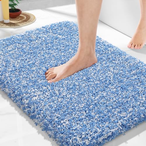 Yimobra Blue&White Bathroom Rugs Non Slip Washable 24x17,Small Bath Mat - color: Blue and White, size: 17" X 24"