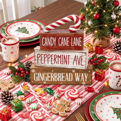 Moucuny 4 Pcs Christmas Table Decor Candy Cane Lane Sign, Wood Block Set - style: Candy Cane Lane