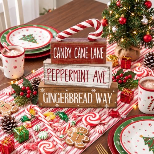 Moucuny 4 Pcs Christmas Table Decor Candy Cane Lane Sign, Wood Block Set - style: Candy Cane Lane
