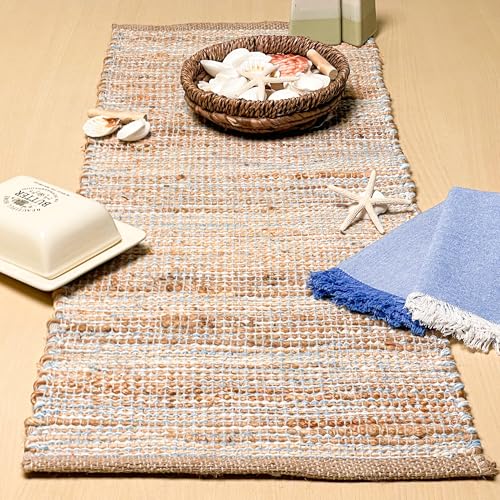 Chardin Home Natural Jute Table Runner, 13x36 Inch, Sky Blue-White - color: Natural Jute-sky Blue-white, size: 13x36 Inch.