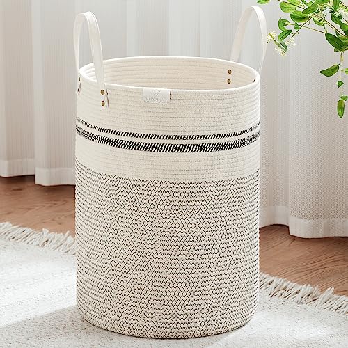 VIPOSCO 100L Tall Woven Rope Laundry Hamper, Leather Handles, Stripe White - color: Stripe White, size: 100L