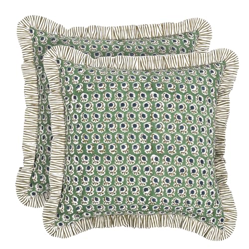 Ridhi Basil Green Block Print Ruffle Pillow Covers 16x16 Inch Set of 2 - color: Basil Green, size: 16" x 16" (Pack of 2)