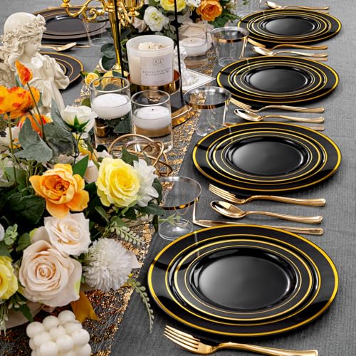 bUCLA 150 Pieces Black and Gold Disposable Dinnerware Set - 25 Guests Black Gold Plastic Plates Include 25 Dinner & 25 Dessert Plates, 25 Spoons, 25 Forks, 25 Knives, 25 Cups for Party & Graduation - color: Black/Gold