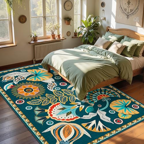 Joydeco Egypt Floral Washable Large Living Room Bedroom Rug 8x10 Under Bed - color: Dark Green, size: 8' x 10' (Rectangular)