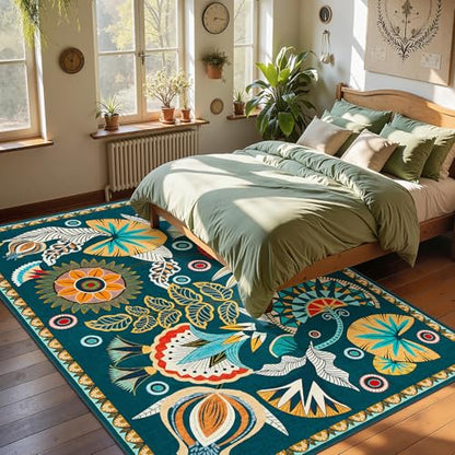 Joydeco Egypt Floral Washable Large Living Room Bedroom Rug 8x10 Under Bed - color: Dark Green, size: 8' x 10' (Rectangular)