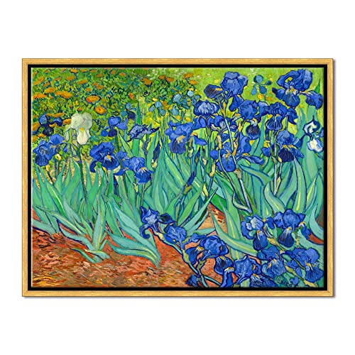 Wieco Art Framed Wall Art Canvas Prints Irises By Van Gogh Famous Flowers Oil Paintings Reproduction Abstract Canvas Prints for Home Living Room Decorations Bronze Gold Frame - size: 16"L x 12"W