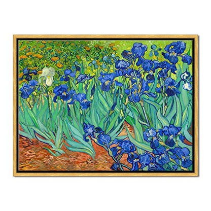 Wieco Art Framed Wall Art Canvas Prints Irises By Van Gogh Famous Flowers Oil Paintings Reproduction Abstract Canvas Prints for Home Living Room Decorations Bronze Gold Frame - size: 16"L x 12"W