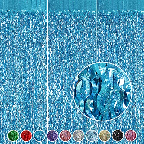 CYLMFC 3 Pack 3.3 ft x 6.6 ft Teal Foil Fringe Curtains - Sparkle Metallic Curtains Party Decorations Photo Booth Decorations Party Supplier - color: Laser Teal