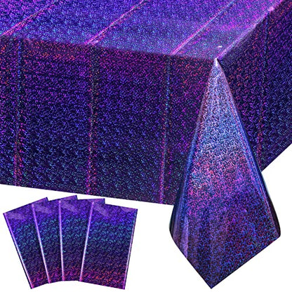 FunnyPars 4 Pack Iridescent Purple Plastic Tablecloths Shiny Disposable Laser Rectangle Table Covers Holographic Foil Tablecloth Iridescent Kpop Birthday Bridal Wedding Party Decoration, 54"x108" - color: Purple