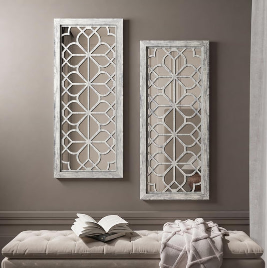 Set of 2 13x30 Inch Large Grey Shatterproof Carved Floral Wood Frame Wall Mirrors, Boho Farmhouse Rustic Accent Mirrors for Living Room Bedroom Bathroom & Home Decor - color: Grey（2pcs）, size: 13"L x 30"W