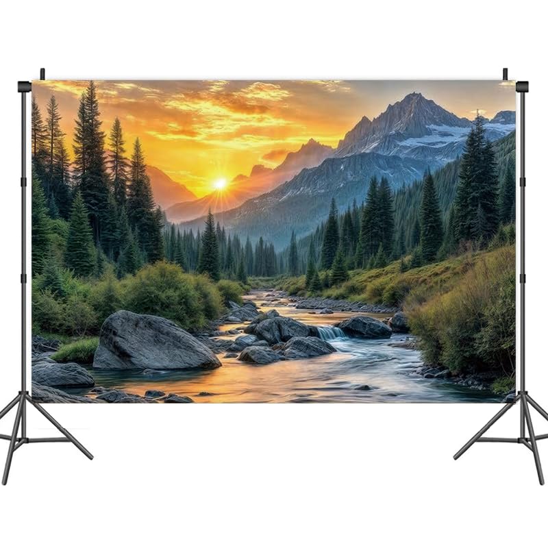 Mountain River Sunset Backdrop Nature Landscape Photography Background Cloth, Scenic Outdoor Forest Wall Hanging Tapestry for Photo Studio, Party Décor 7x5ft (82.6 x 59 Inch) - size: 82.6 x 59 Inch