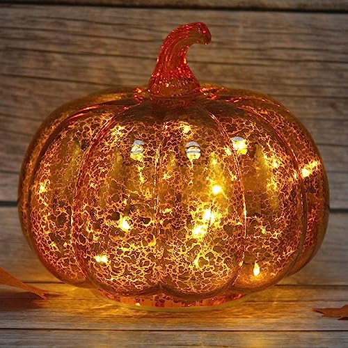 Mercury Glass Pumpkin Lights with Timer Set of 3, Battery Operated Glass Pumpkin for Halloween Thanksgiving Fall Autumn Decorations Tabletop Home Holiday Decor, Gold (Height:5.5“/7.7”)